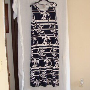 CHICO's White & Dark Blue FLORAL & STRIPE Scoop Neck MAXI TANK DRESS Sz 3